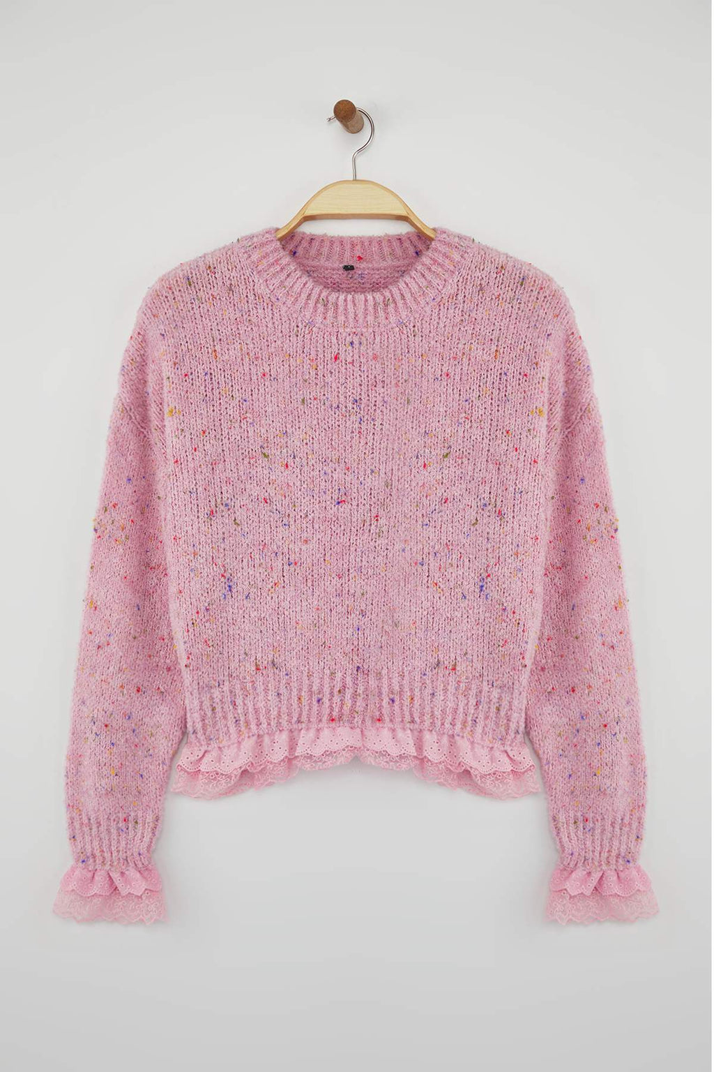 Pembe Nopeli Geniş Kalıp Dantel Garnili Triko Kazak TWOAW26KZ00058