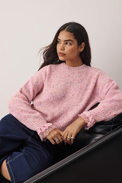 Pembe Nopeli Geniş Kalıp Dantel Garnili Triko Kazak TWOAW26KZ00058