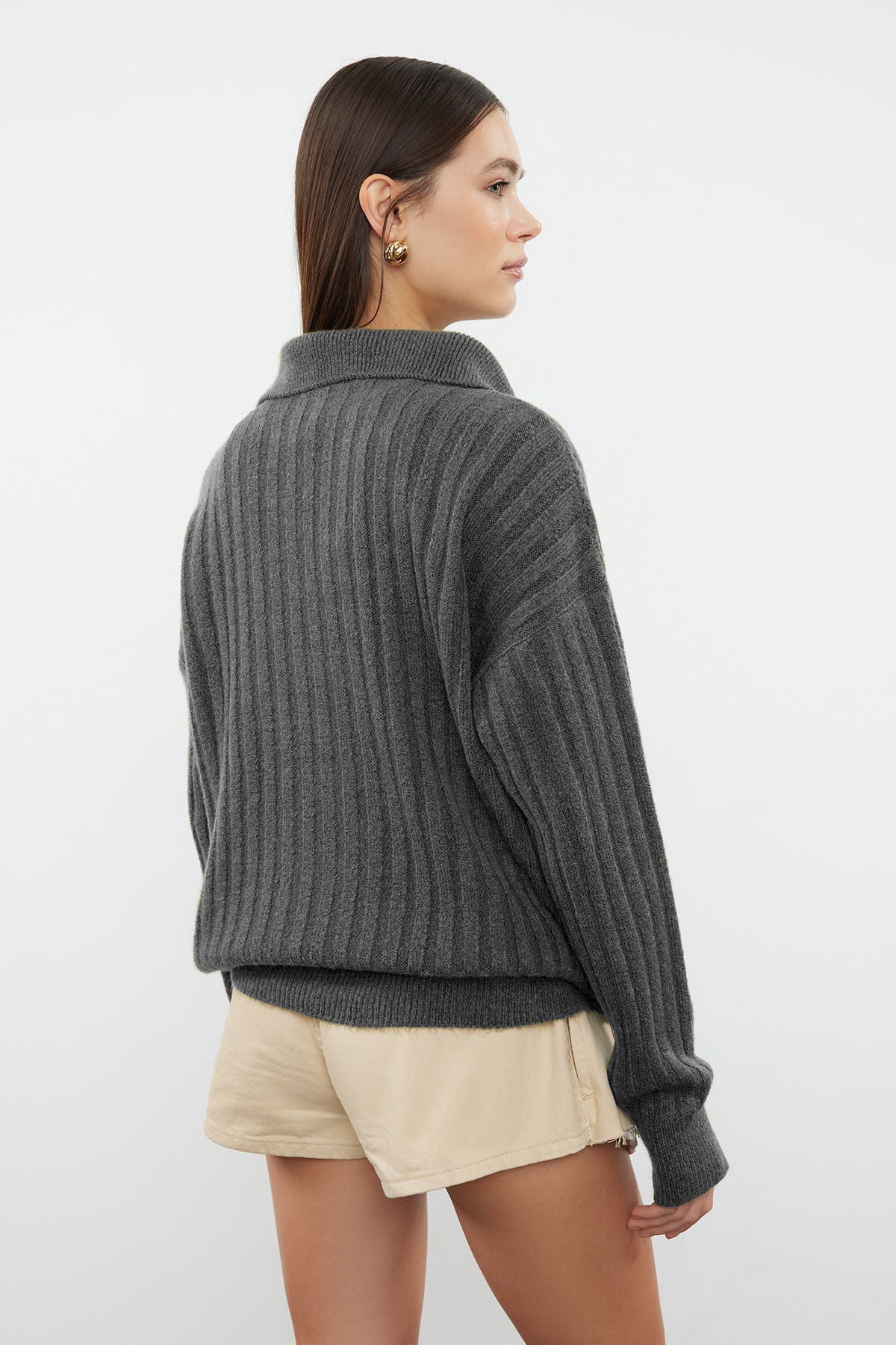 Antrasit Yumuşak Dokulu Polo Yaka Triko Kazak TWOAW24KZ00678