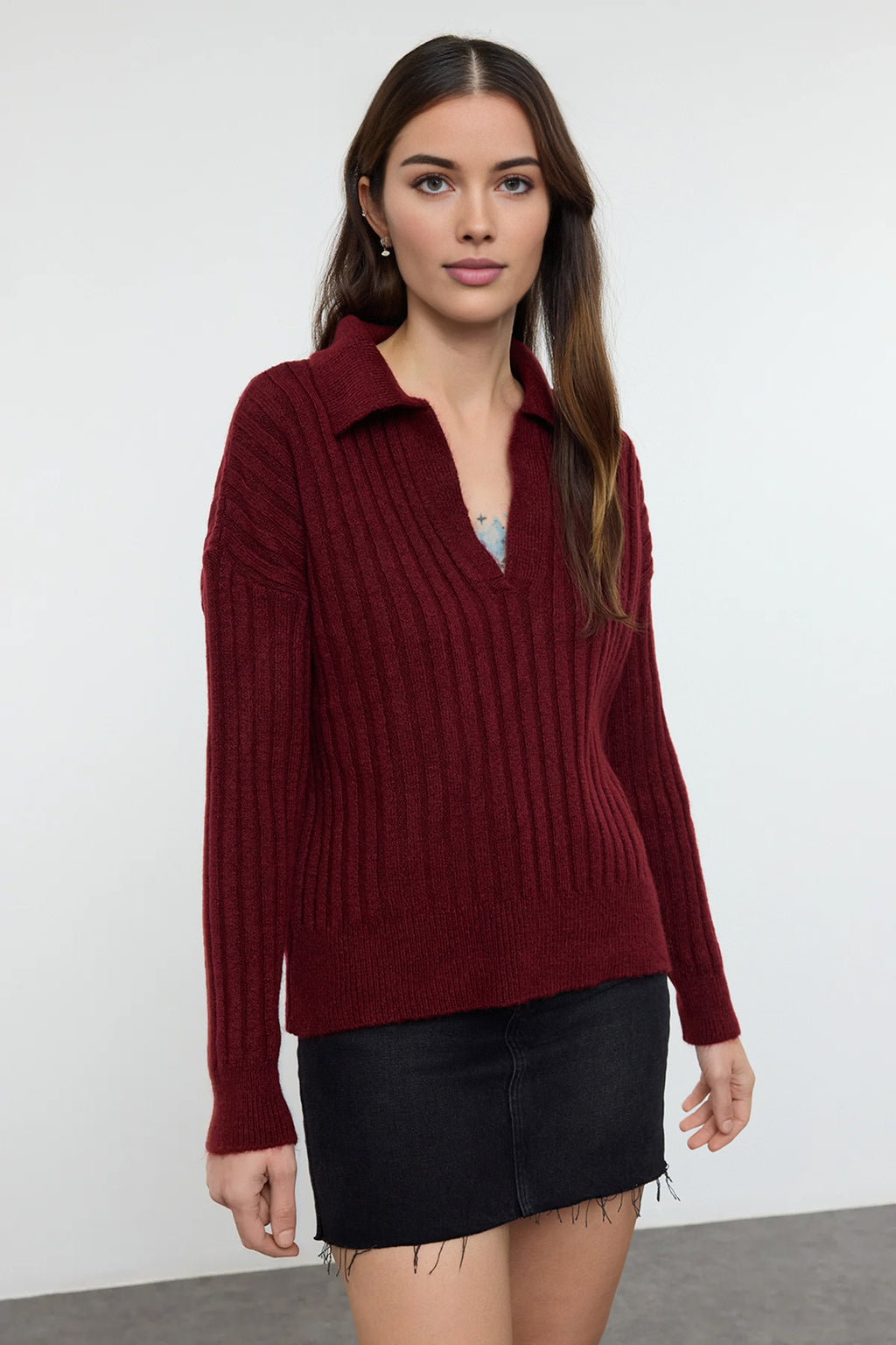 Bordo Yumuşak Dokulu Polo Yaka Triko Kazak TWOAW24KZ00678