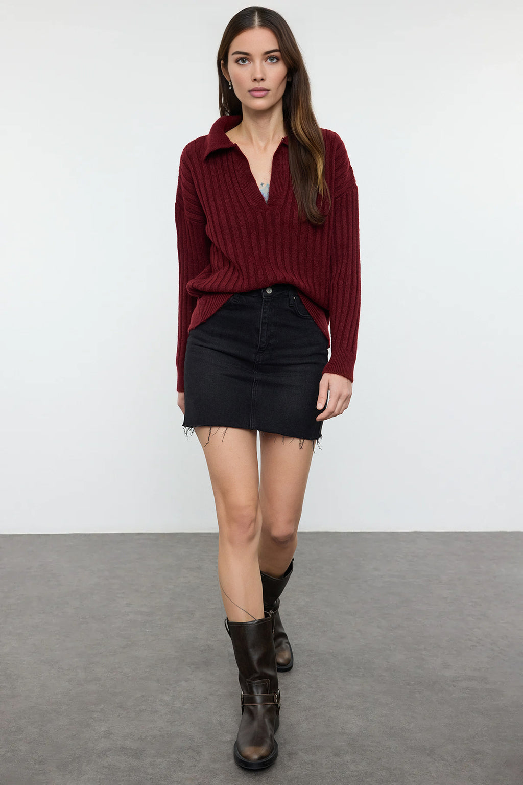 Bordo Yumuşak Dokulu Polo Yaka Triko Kazak TWOAW24KZ00678