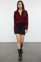 Bordo Yumuşak Dokulu Polo Yaka Triko Kazak TWOAW24KZ00678