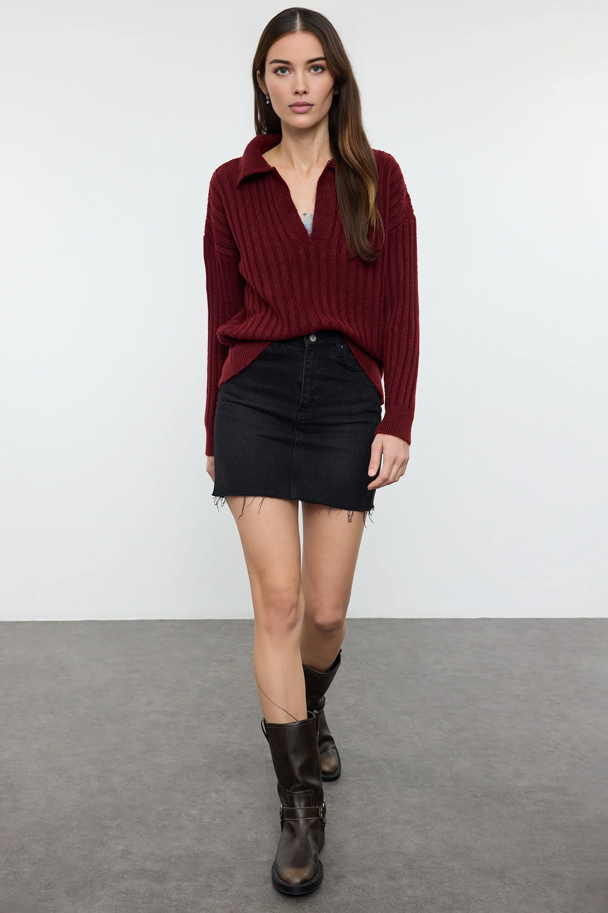 Bordo Yumuşak Dokulu Polo Yaka Triko Kazak TWOAW24KZ00678