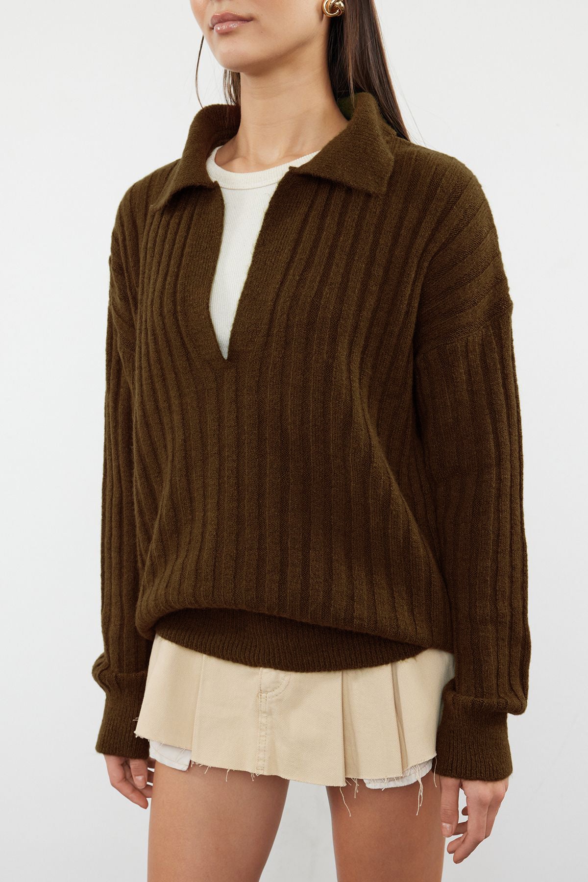 Kahverengi Yumuşak Dokulu Polo Yaka Triko Kazak TWOAW24KZ00678 Main image