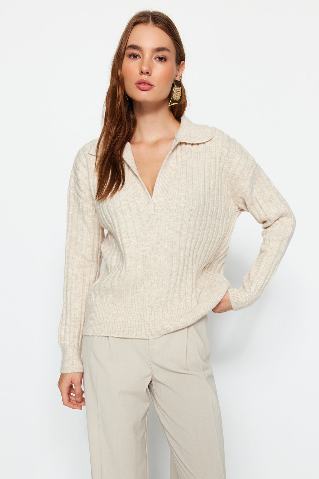 Taş Yumuşak Dokulu Polo Yaka Triko Kazak TWOAW24KZ00678