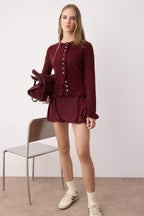 Bordo Düğme Detaylı Yumuşak Dokulu Triko Hırka TWOAW26HI00038