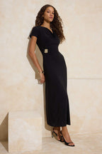 Siyah A-Kesim/Çan Form Degaje Yaka Aksesuar Detaylı Maxi Esnek Örme Elbise TWOSS26EL00106