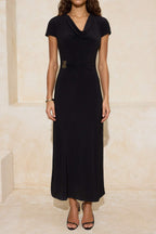 Siyah A-Kesim/Çan Form Degaje Yaka Aksesuar Detaylı Maxi Esnek Örme Elbise TWOSS26EL00106