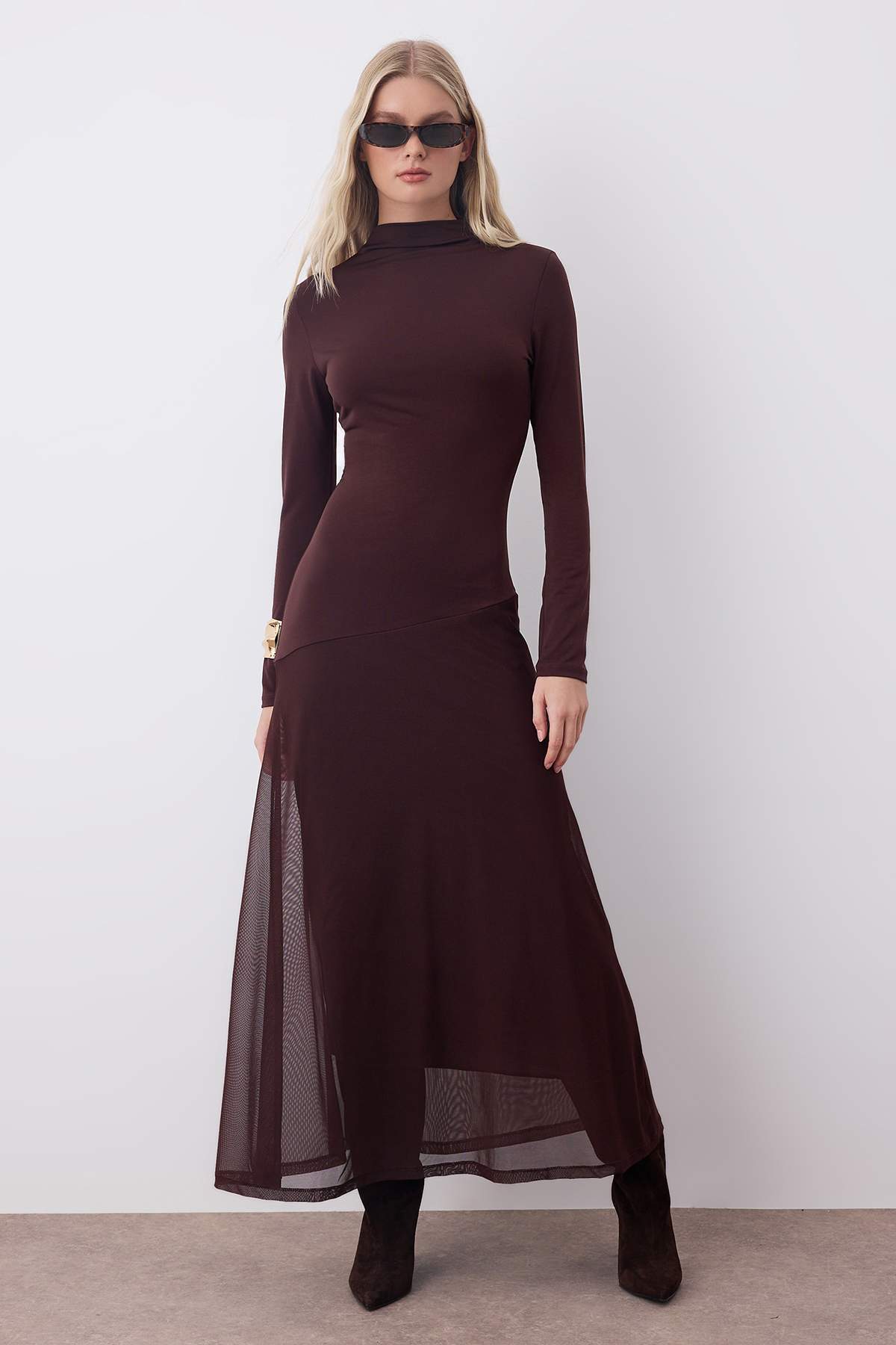 Kahverengi A Kesim/Çan Form Tül Garni Detaylı Midi Uzun Kollu Esnek Örme Elbise TWOAW26EL00140 Main image