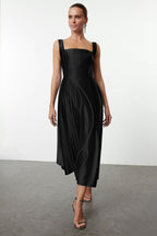 Siyah A-Kesim Saten Dokuma Şık Abiye Gece Mezuniyet Elbisesi TPRAW25EL00040