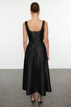 Siyah A-Kesim Saten Dokuma Şık Abiye Gece Mezuniyet Elbisesi TPRAW25EL00040