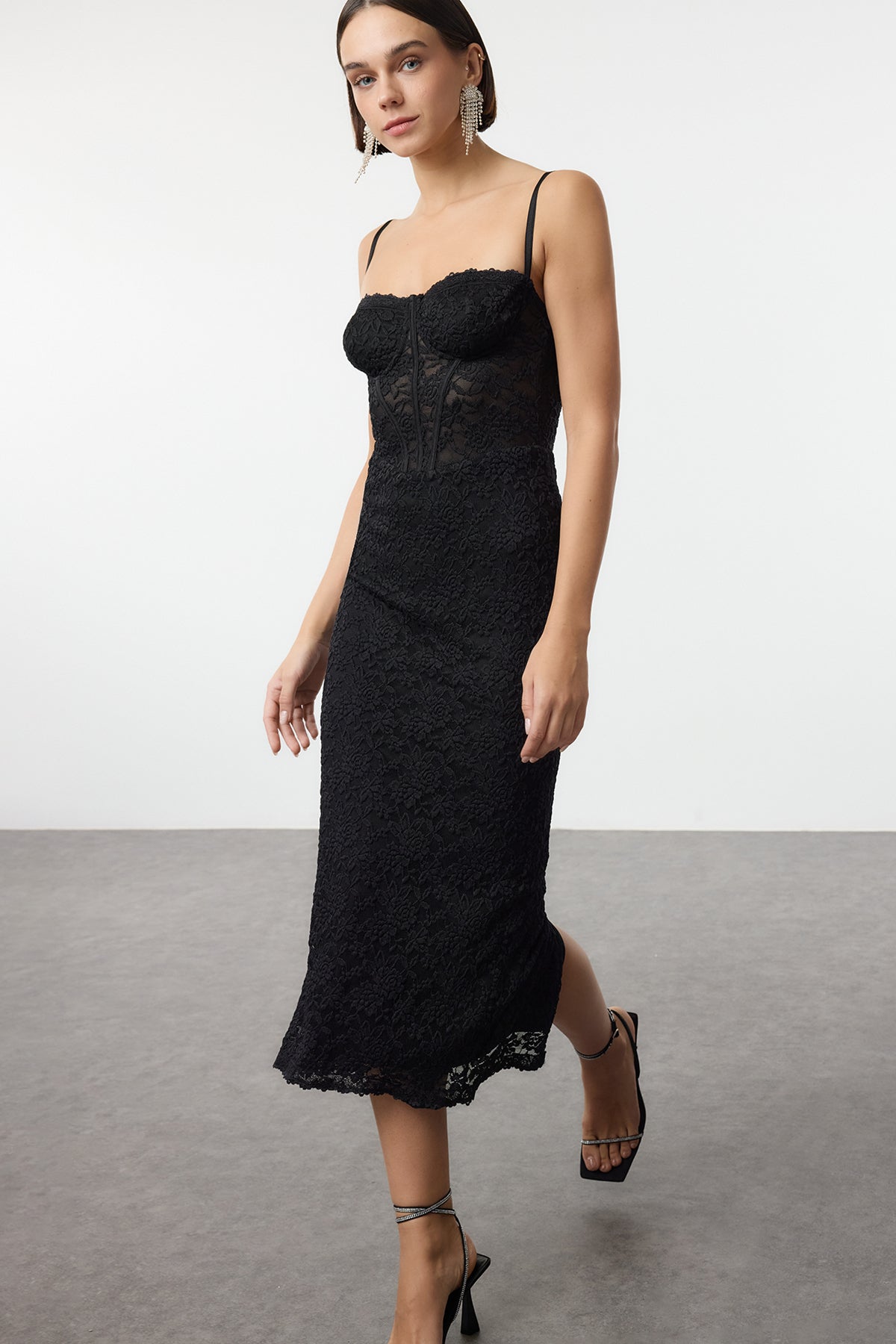 Siyah Astarlı Dantel Örme Midi Abiye Gece Mezuniyet Yılbaşı Elbisesi TPRAW25EL00120 Secondary image