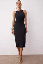 Siyah Çiçekli Vücudu Saran Örme Tül Midi Astarlı Mezuniyet/Balo Yılbaşı Elbisesi TPRSS24EL00202