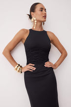 Siyah Çiçekli Vücudu Saran Örme Tül Midi Astarlı Mezuniyet/Balo Yılbaşı Elbisesi TPRSS24EL00202