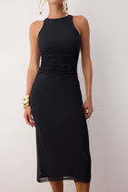 Siyah Çiçekli Vücudu Saran Örme Tül Midi Astarlı Mezuniyet/Balo Yılbaşı Elbisesi TPRSS24EL00202