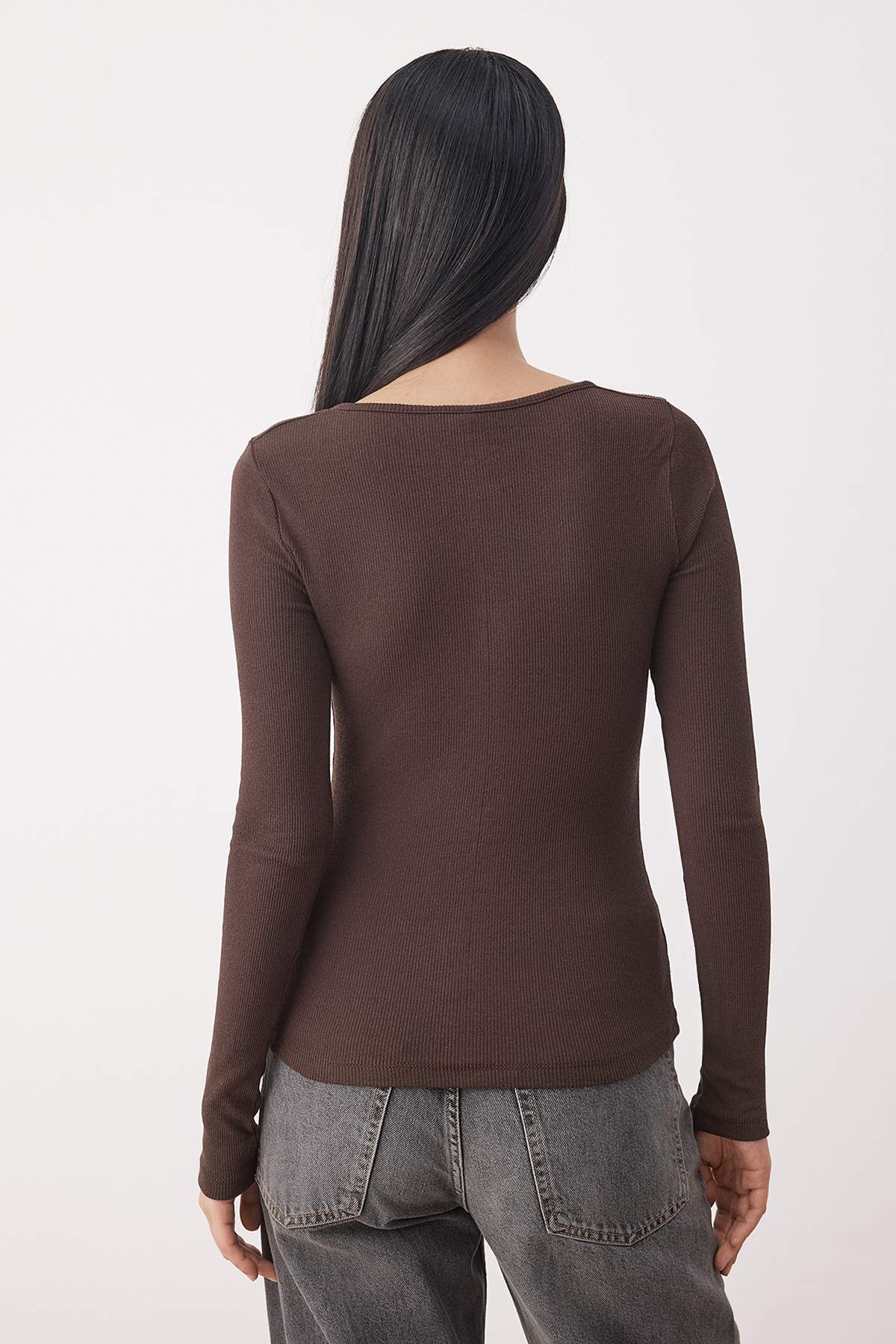 Açık Kahverengi Çıtçıtlı Fitted/Vücuda Oturan Fitilli Esnek Örme Bluz TWOAW25BZ00080