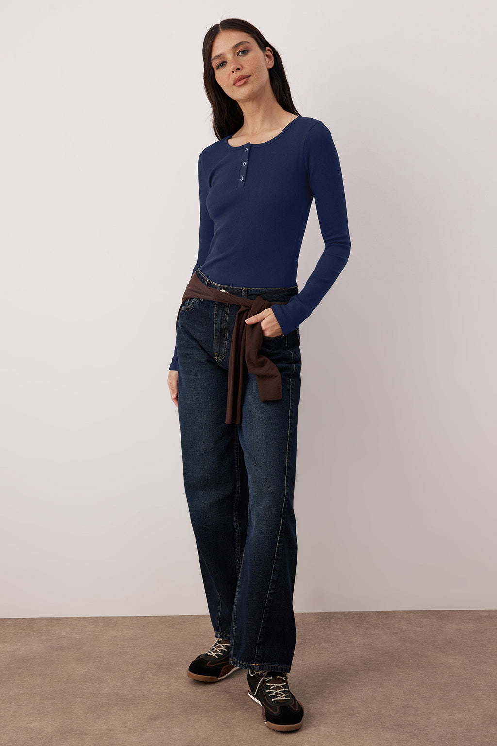 Lacivert Çıtçıtlı Fitted/Vücuda Oturan Fitilli Esnek Örme Bluz TWOAW25BZ00080