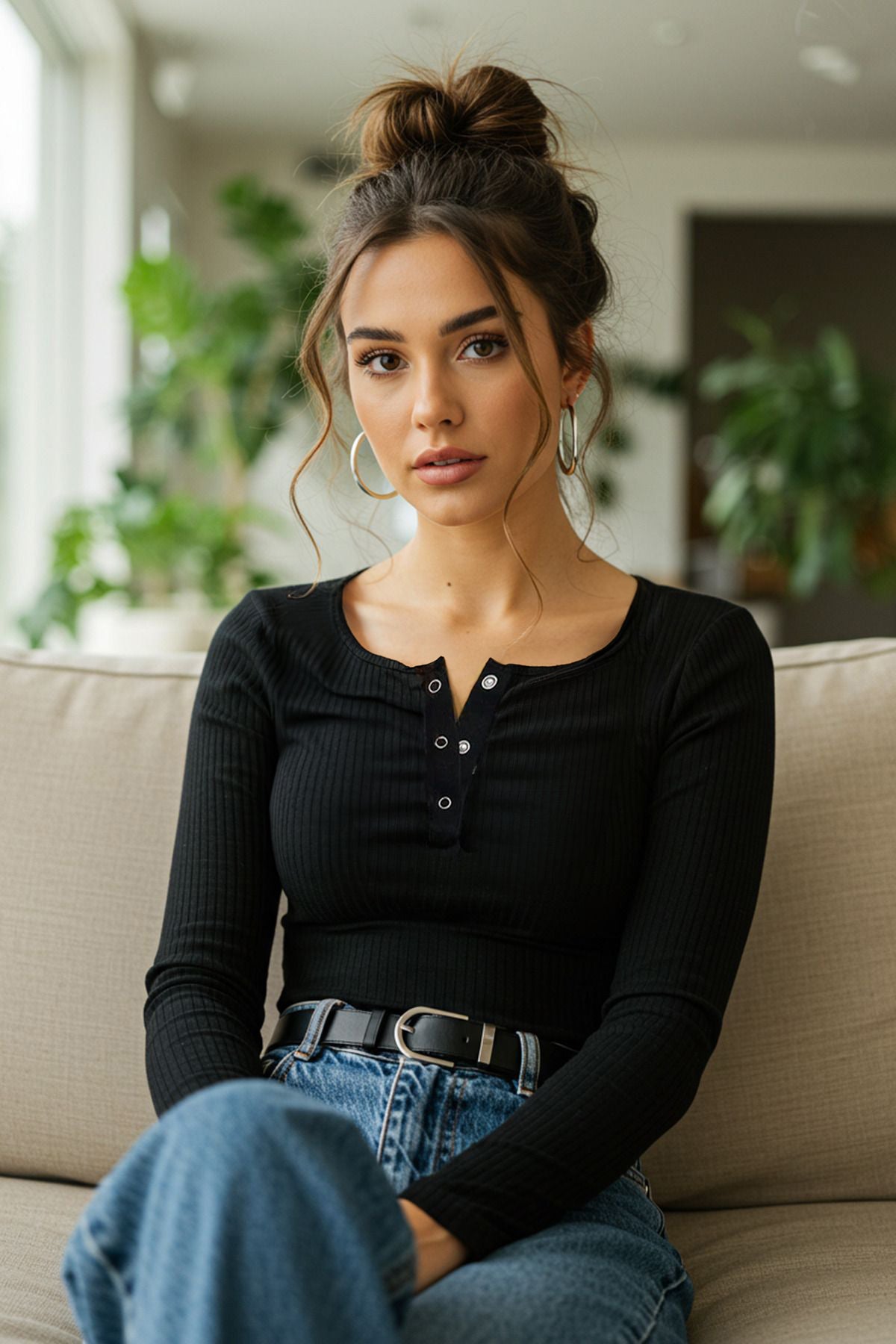 Siyah Çıtçıtlı Fitted/Vücuda Oturan Fitilli Esnek Örme Bluz TWOAW25BZ00080