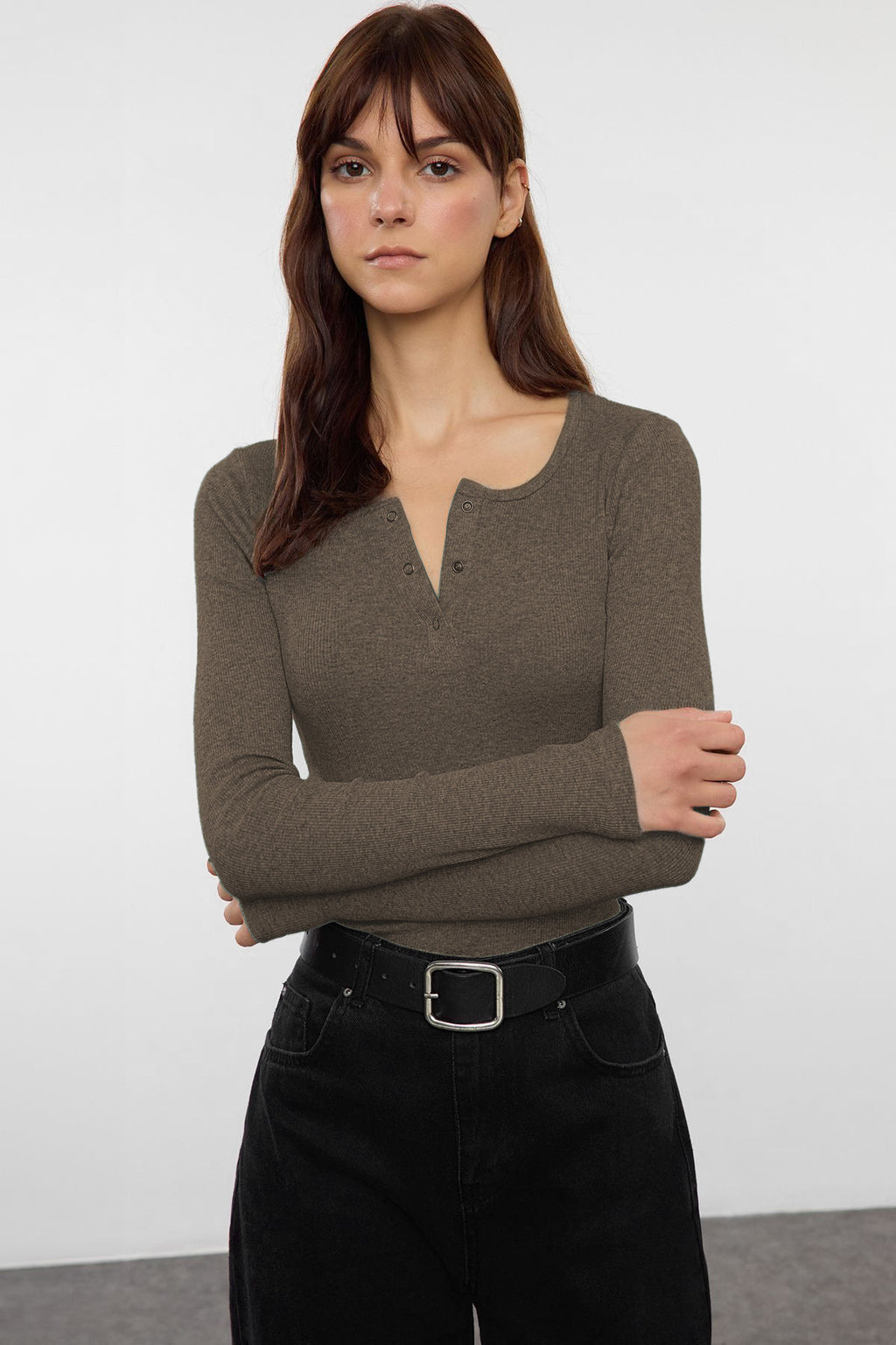 Vizon Çıtçıtlı Fitted/Vücuda Oturan Fitilli Esnek Örme Bluz TWOAW25BZ00080