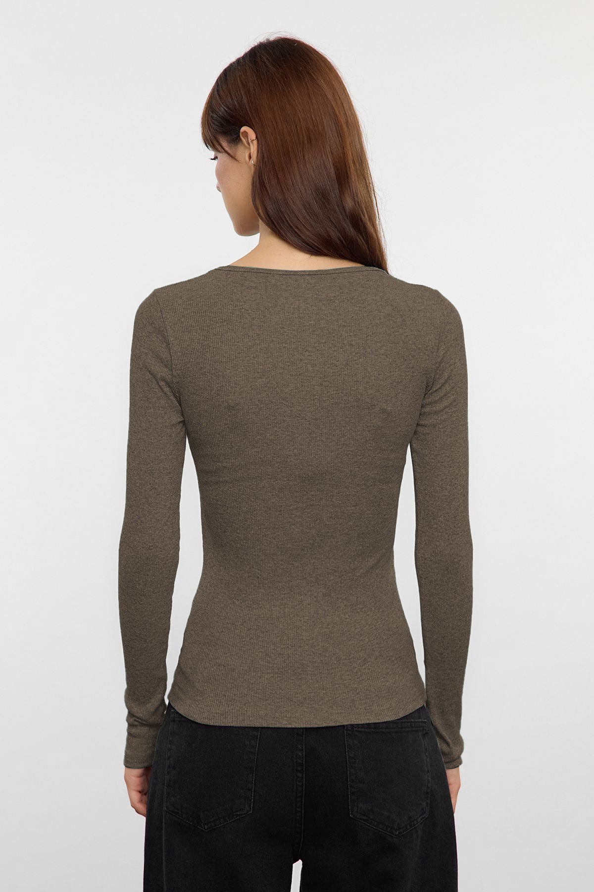 Vizon Çıtçıtlı Fitted/Vücuda Oturan Fitilli Esnek Örme Bluz TWOAW25BZ00080