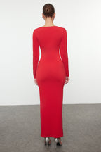 Kırmızı Cut Out/Pencere Detaylı Örme Şık Abiye Gece Mezuniyet Yılbaşı Elbisesi TPRAW25EL00022