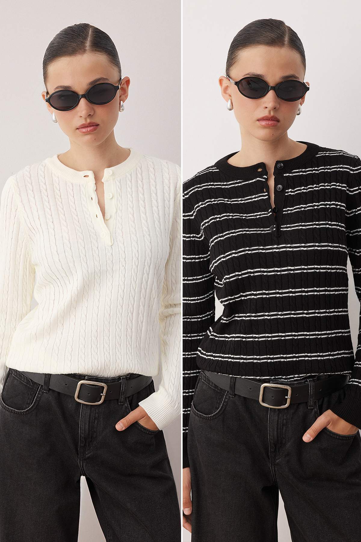 Siyah-Ekru*001 Bisiklet Yaka 2'li Triko Kazak TWOAW26KZ00187 Main image