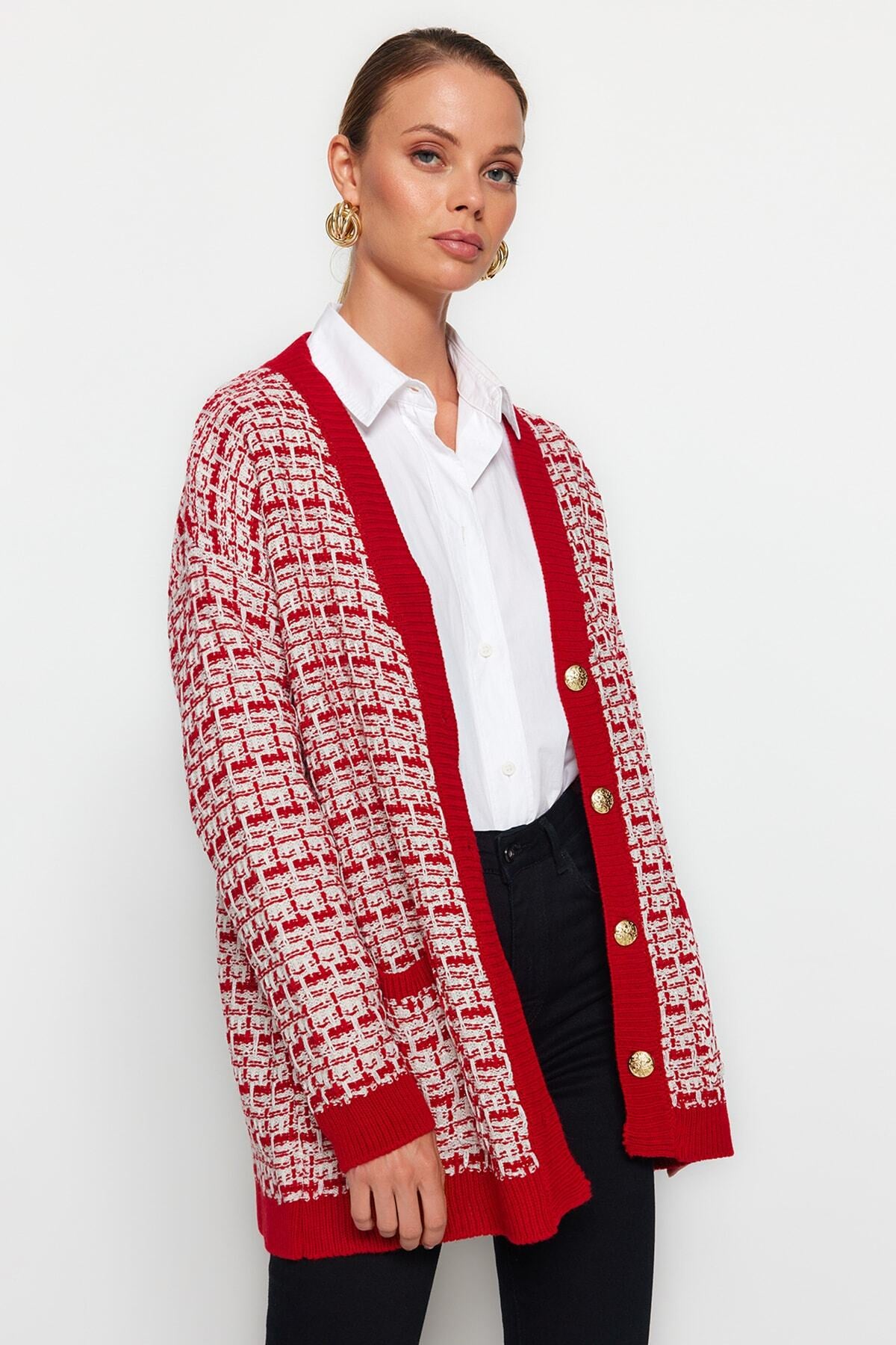 Kırmızı Geniş Kalıp Tekstüre Simli Triko Hırka TWOAW21HI0250 Main image