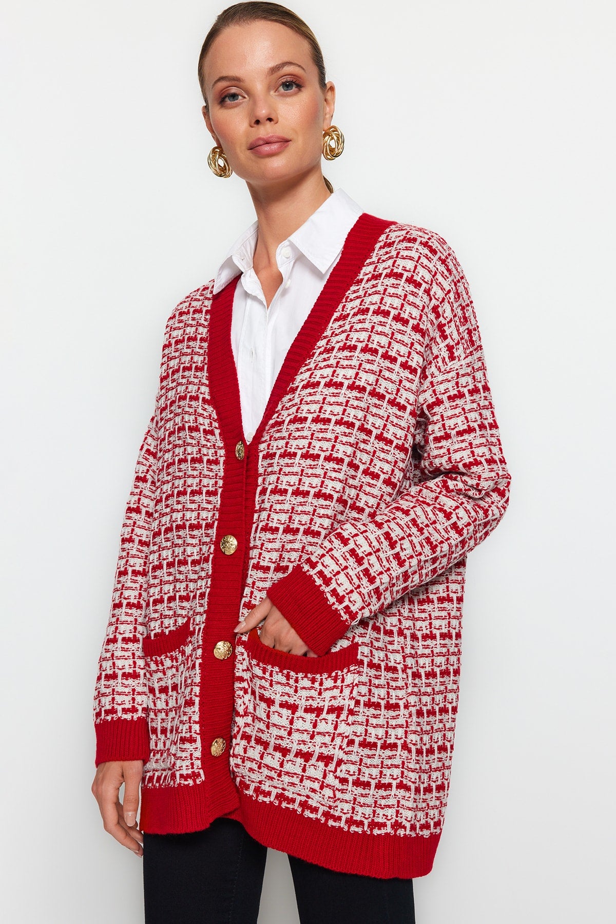 Kırmızı Geniş Kalıp Tekstüre Simli Triko Hırka TWOAW21HI0250 Secondary image