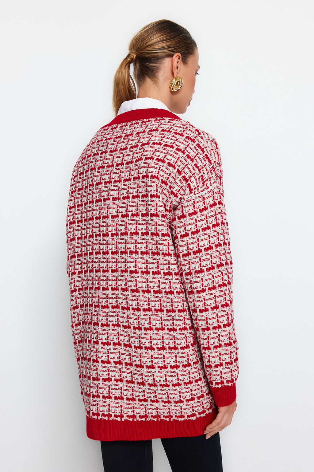 Kırmızı Geniş Kalıp Tekstüre Simli Triko Hırka TWOAW21HI0250