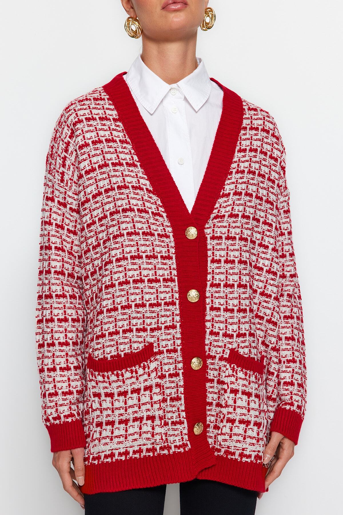 Kırmızı Geniş Kalıp Tekstüre Simli Triko Hırka TWOAW21HI0250