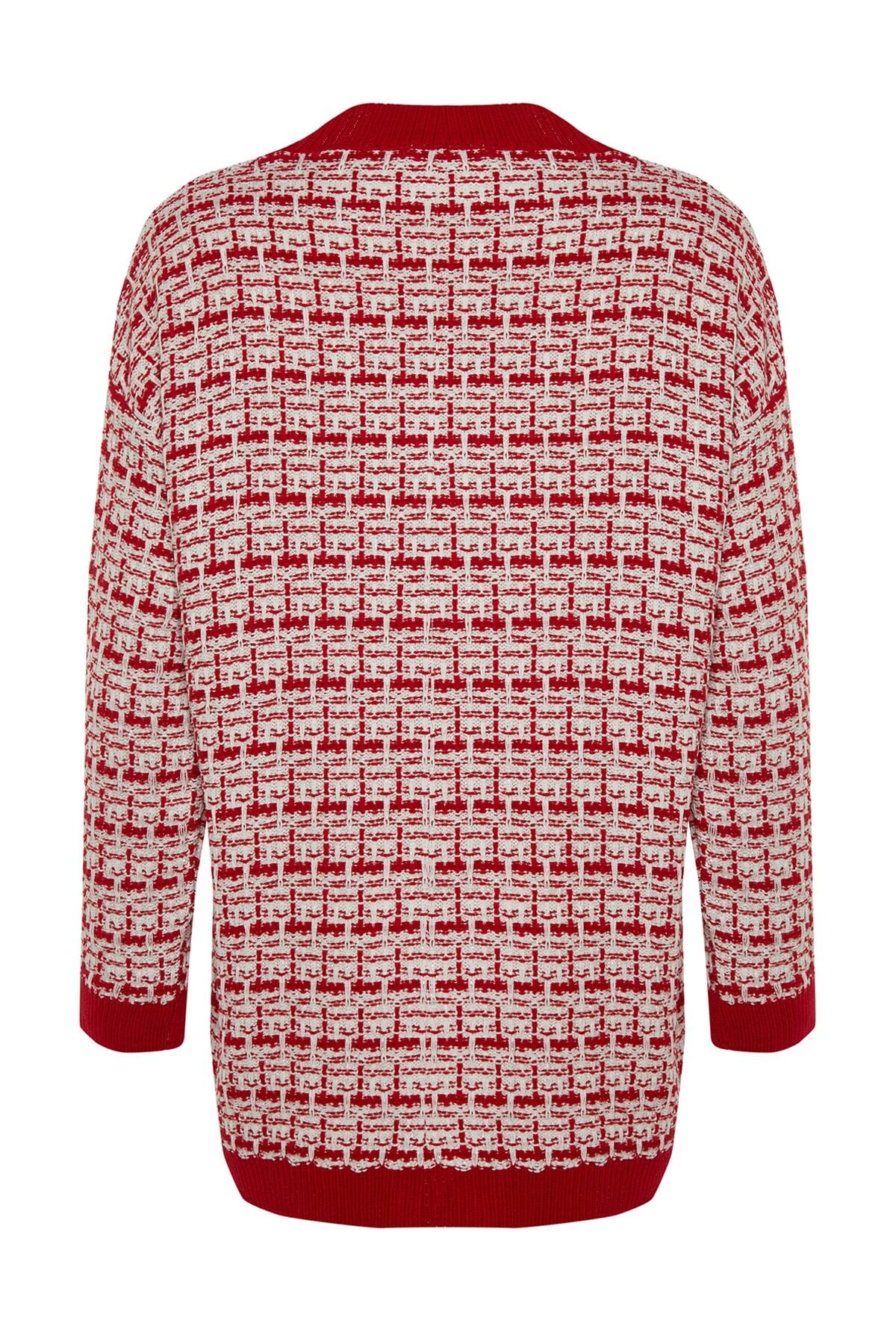 Kırmızı Geniş Kalıp Tekstüre Simli Triko Hırka TWOAW21HI0250