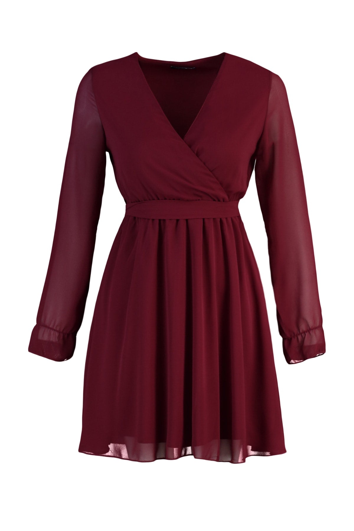 Bordo Kuşaklı Astarlı Kruvaze Dokuma Elbise TWOAW20EL0789