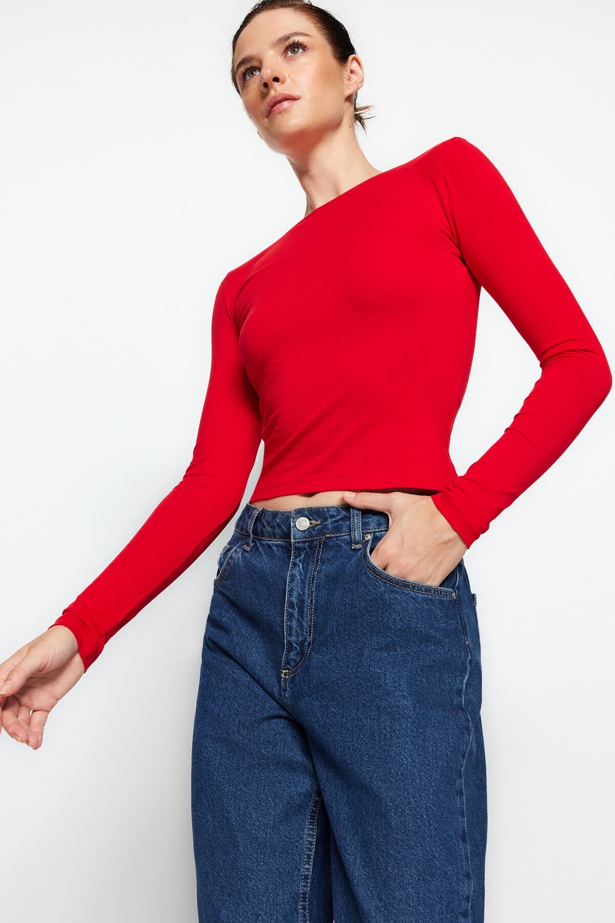 Kırmızı Pamuklu Esnek Sırt Dekolteli Fitted/Vücuda Oturan Esnek Bluz TWOAW24BZ00160