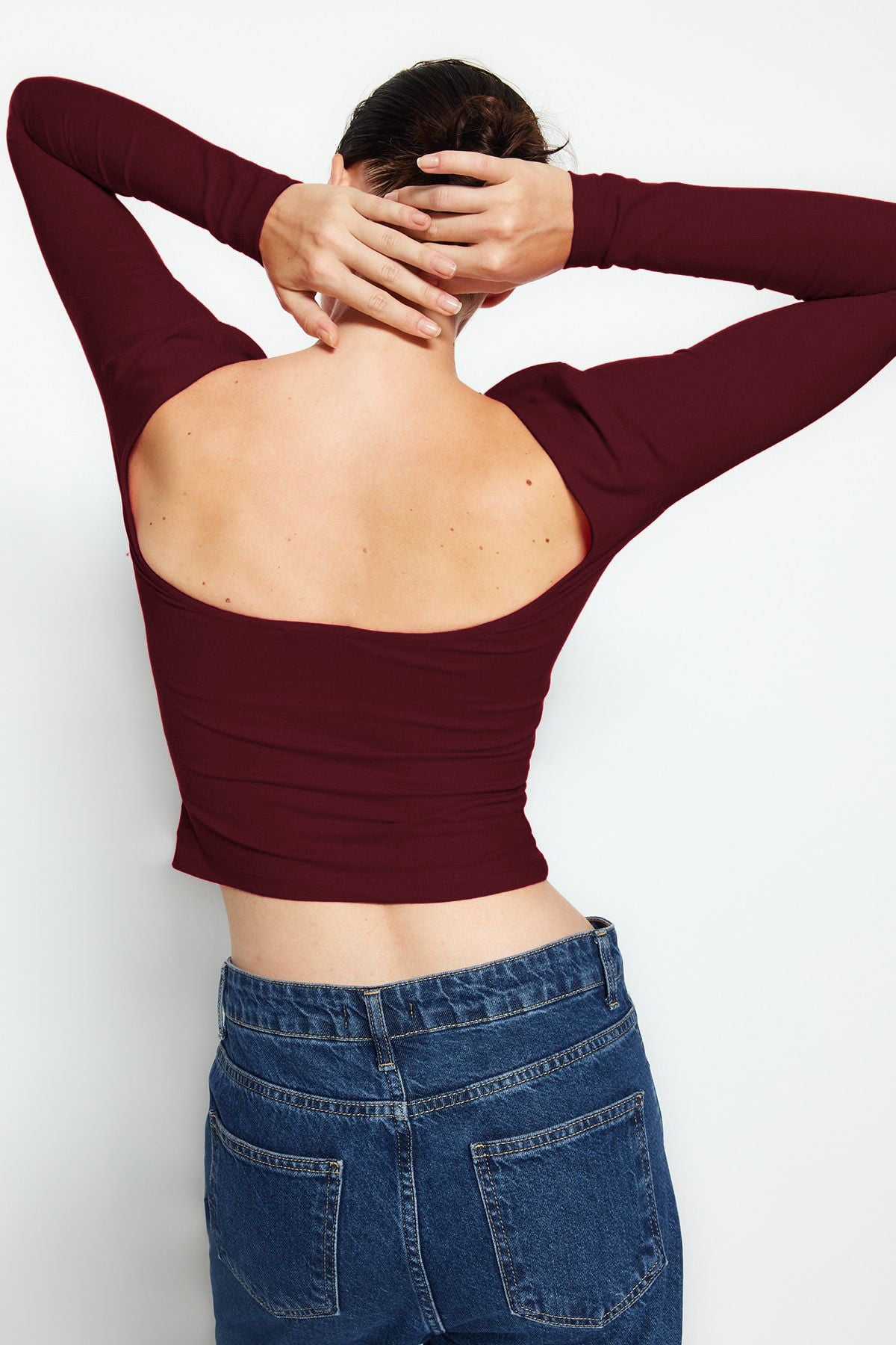 Koyu Bordo Pamuklu Sırt Dekolteli Fitted/Vücuda Oturan Esnek Örme Bluz TWOAW24BZ00160