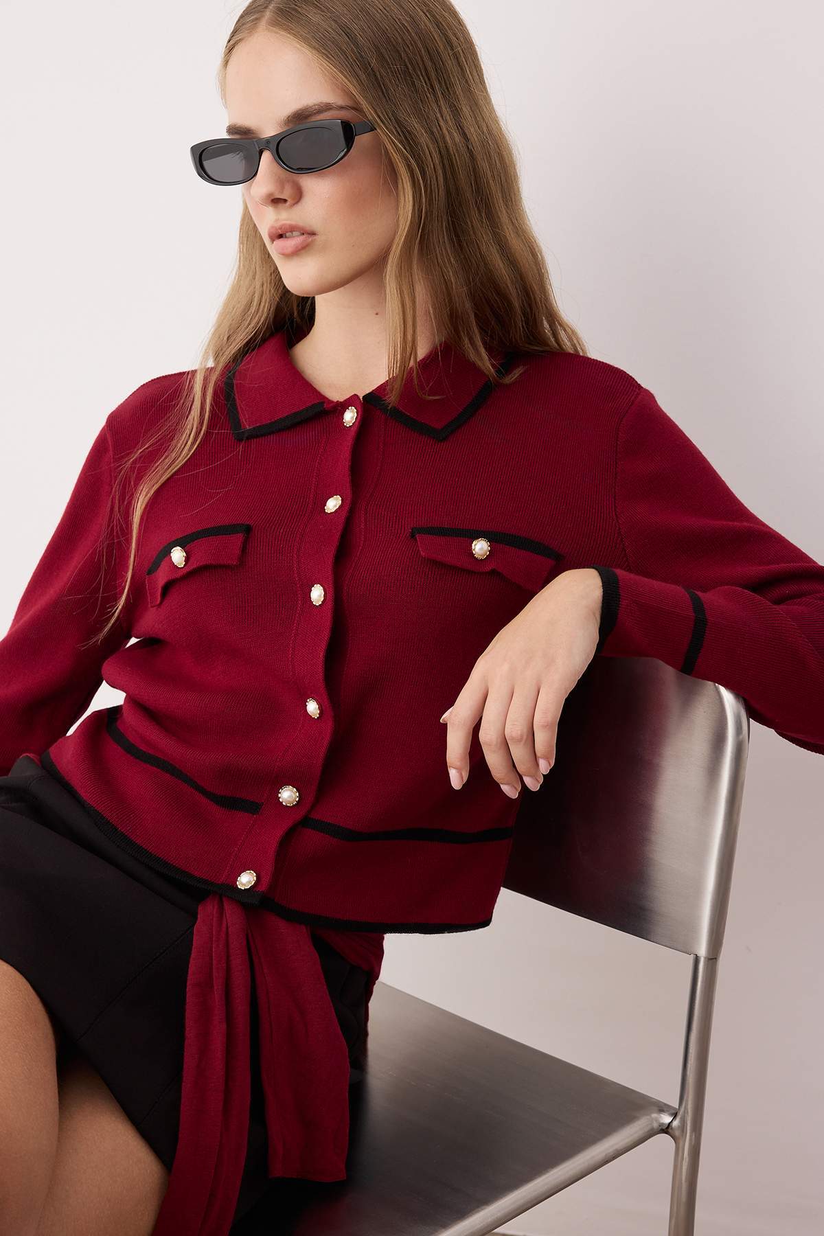 Bordo Renk Bloklu Polo Yaka Triko Hırka TWOAW25HI00300 Main image