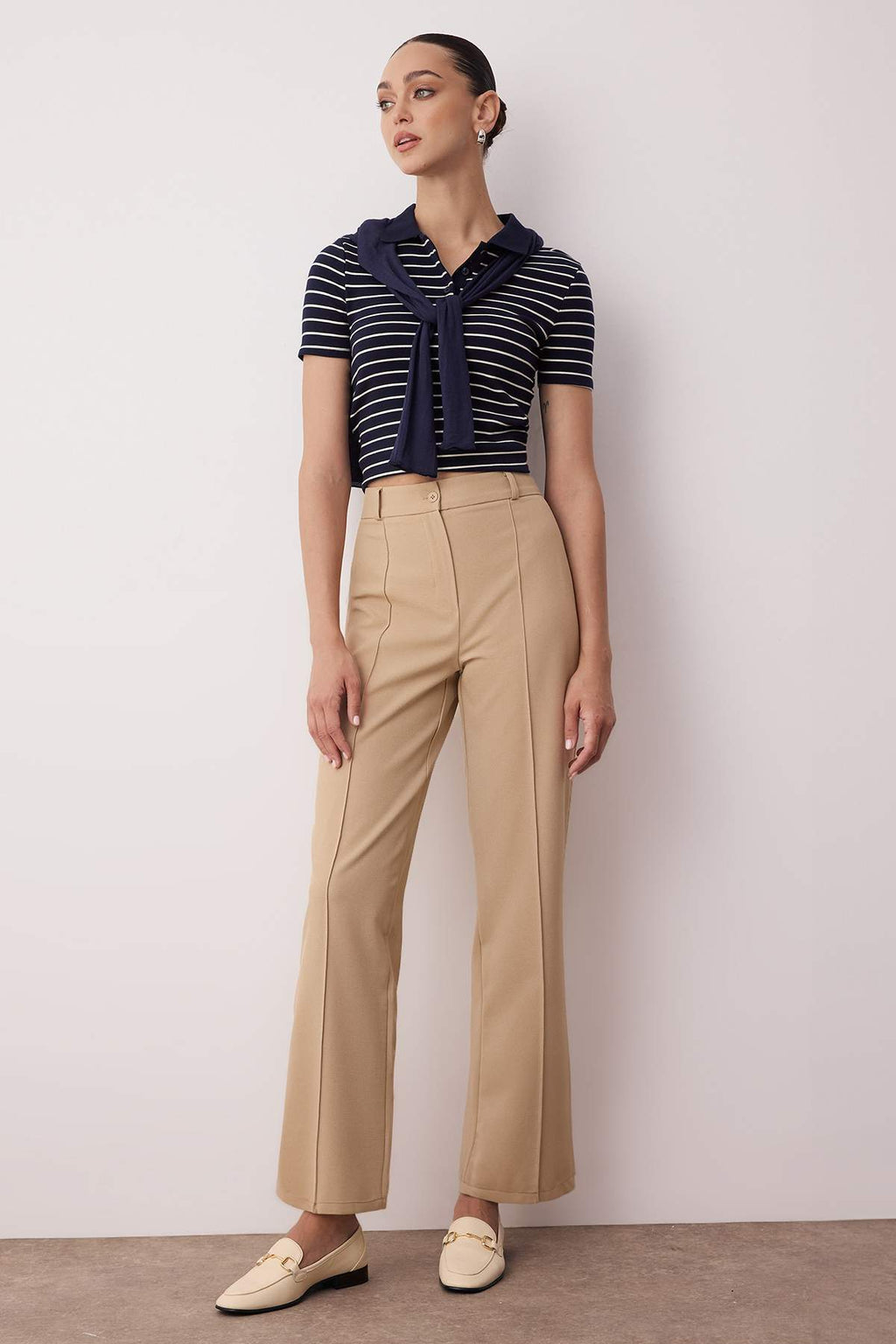 Açık Kahverengi Straight/Düz Kesim Yüksek Bel Nervür Dikişli Dokuma Pantolon TWOSS21PL0093