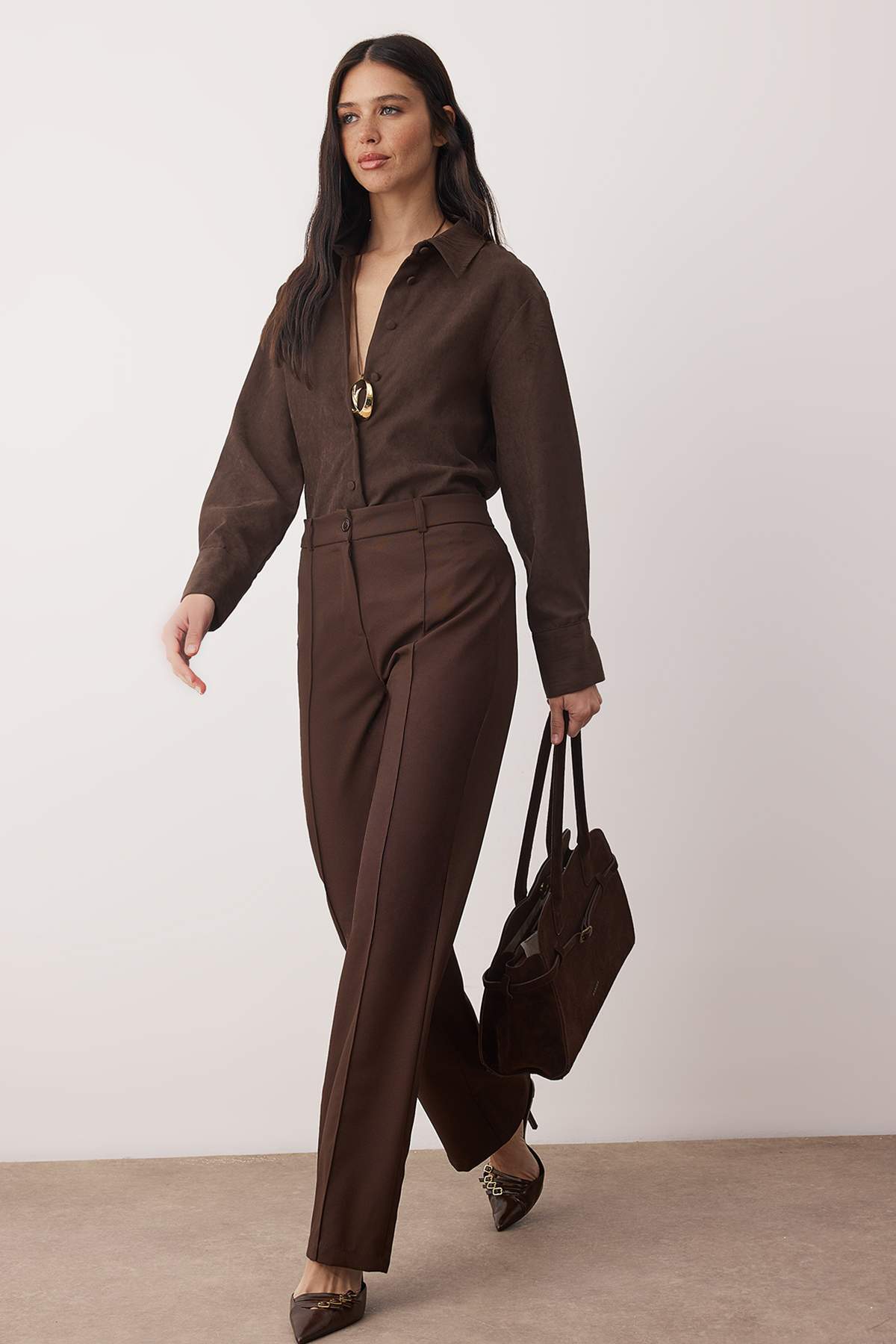 Koyu Kahverengi Straight/Düz Kesim Yüksek Bel Nervür Dikişli Dokuma Pantolon TWOSS21PL0093