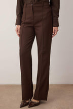 Koyu Kahverengi Straight/Düz Kesim Yüksek Bel Nervür Dikişli Dokuma Pantolon TWOSS21PL0093