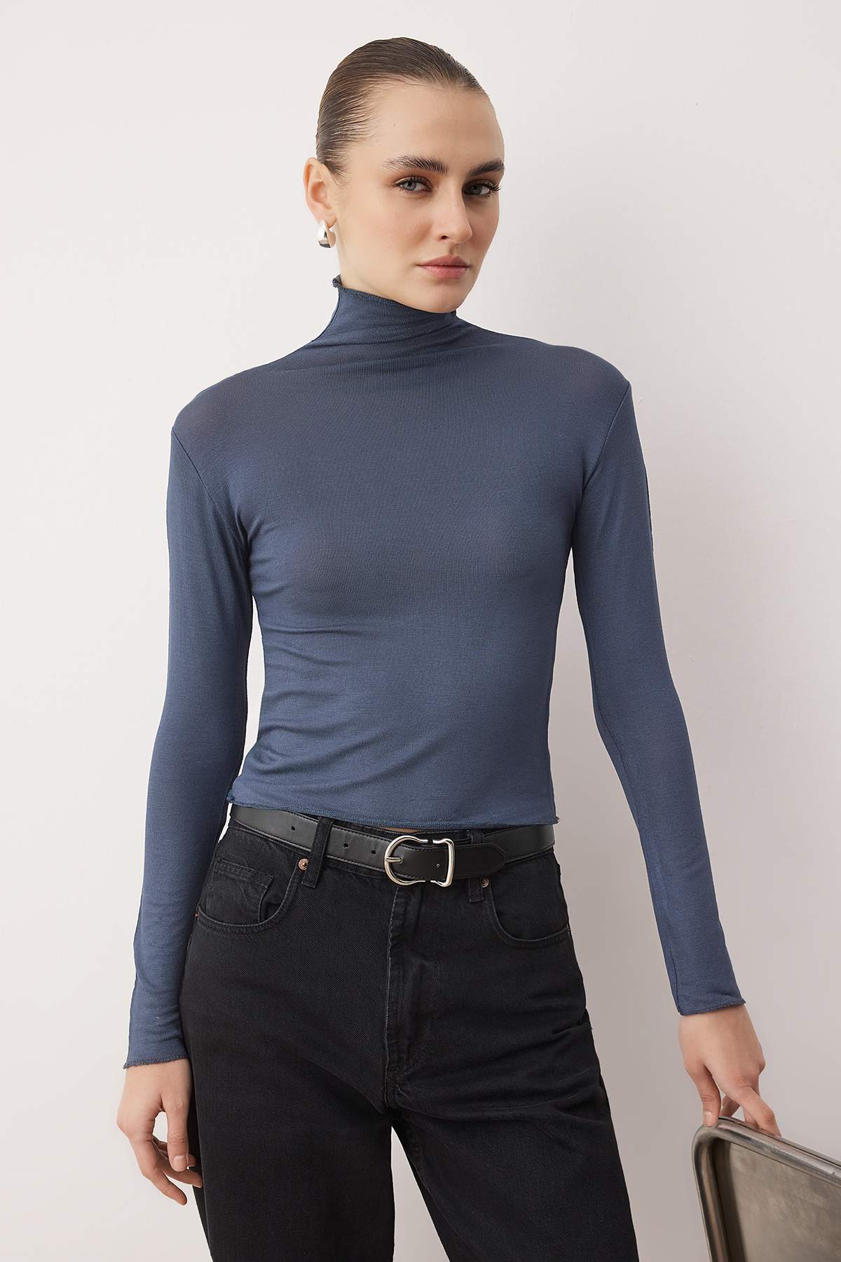 Antrasit Transparan Dik Yaka Esnek Normal Boy Örme Bluz TWOAW26BZ00266 Main image