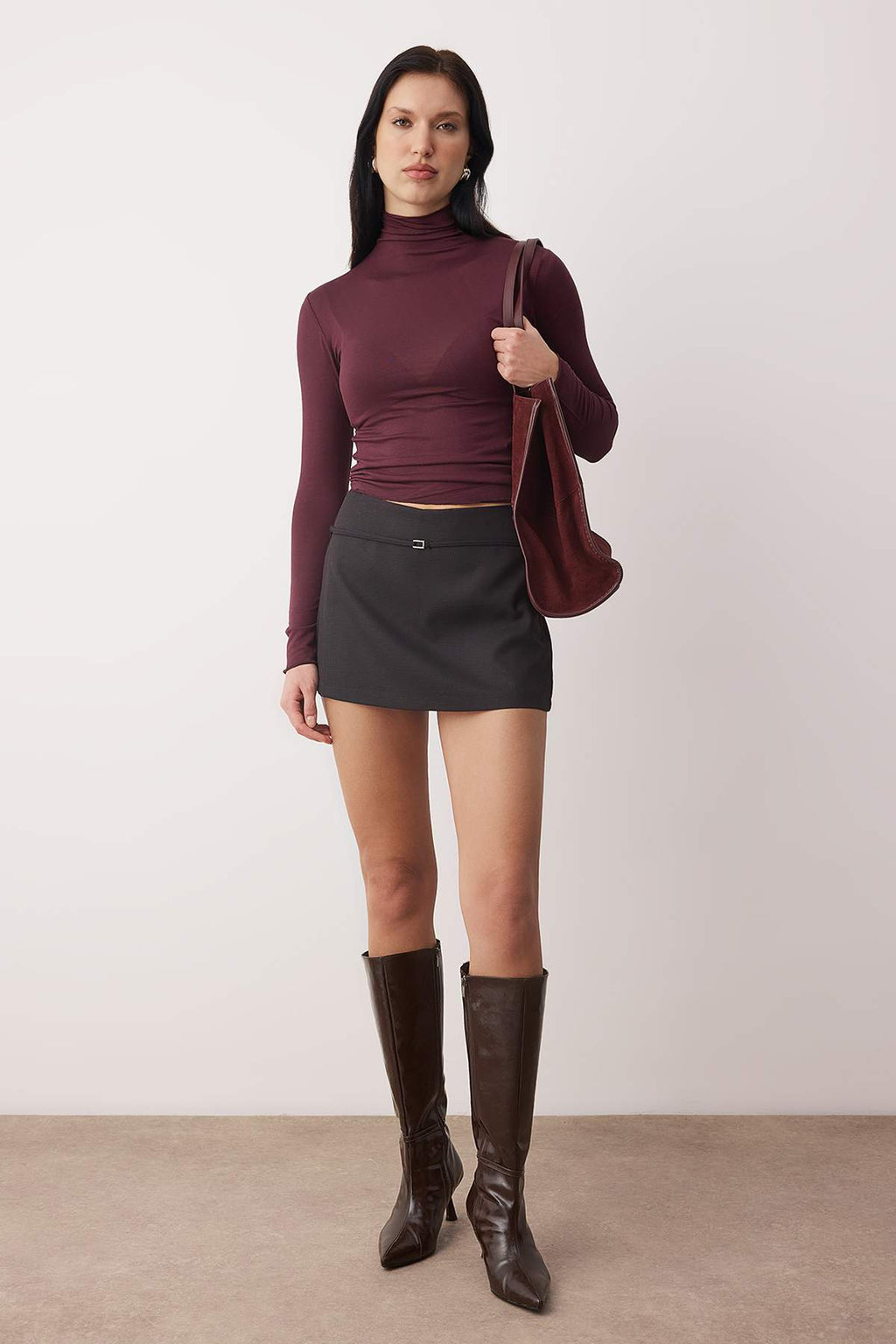 Mürdüm Transparan Dik Yaka Esnek Normal Boy Örme Bluz TWOAW26BZ00266