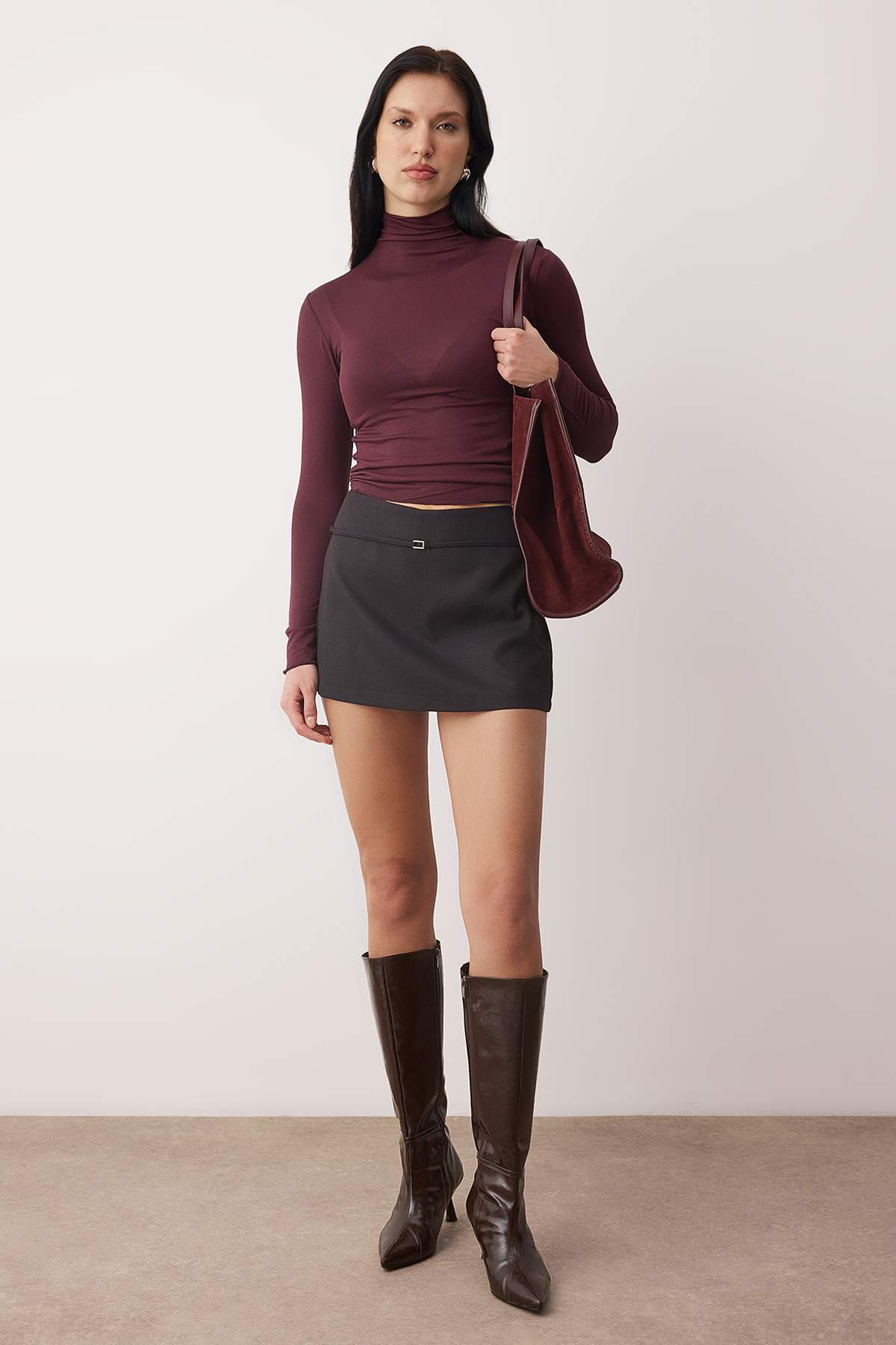 Mürdüm Transparan Dik Yaka Esnek Normal Boy Örme Bluz TWOAW26BZ00266