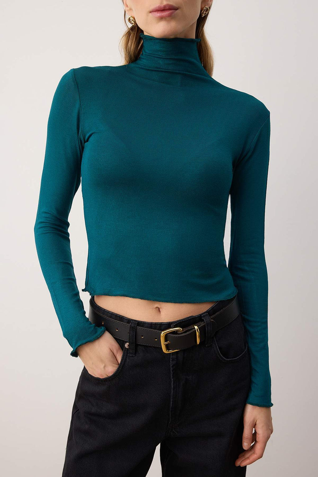 Zümrüt Yeşili Transparan Dik Yaka Esnek Normal Boy Örme Bluz TWOAW26BZ00266