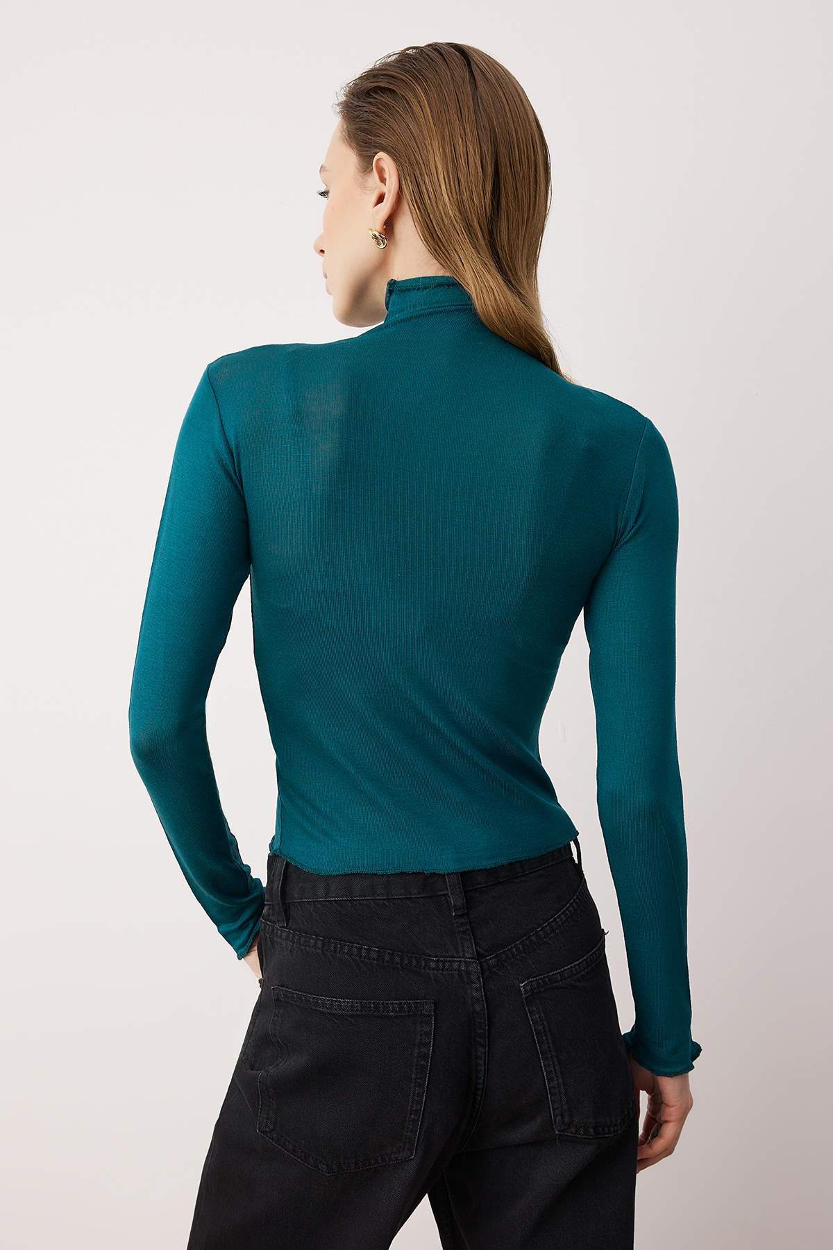 Zümrüt Yeşili Transparan Dik Yaka Esnek Normal Boy Örme Bluz TWOAW26BZ00266