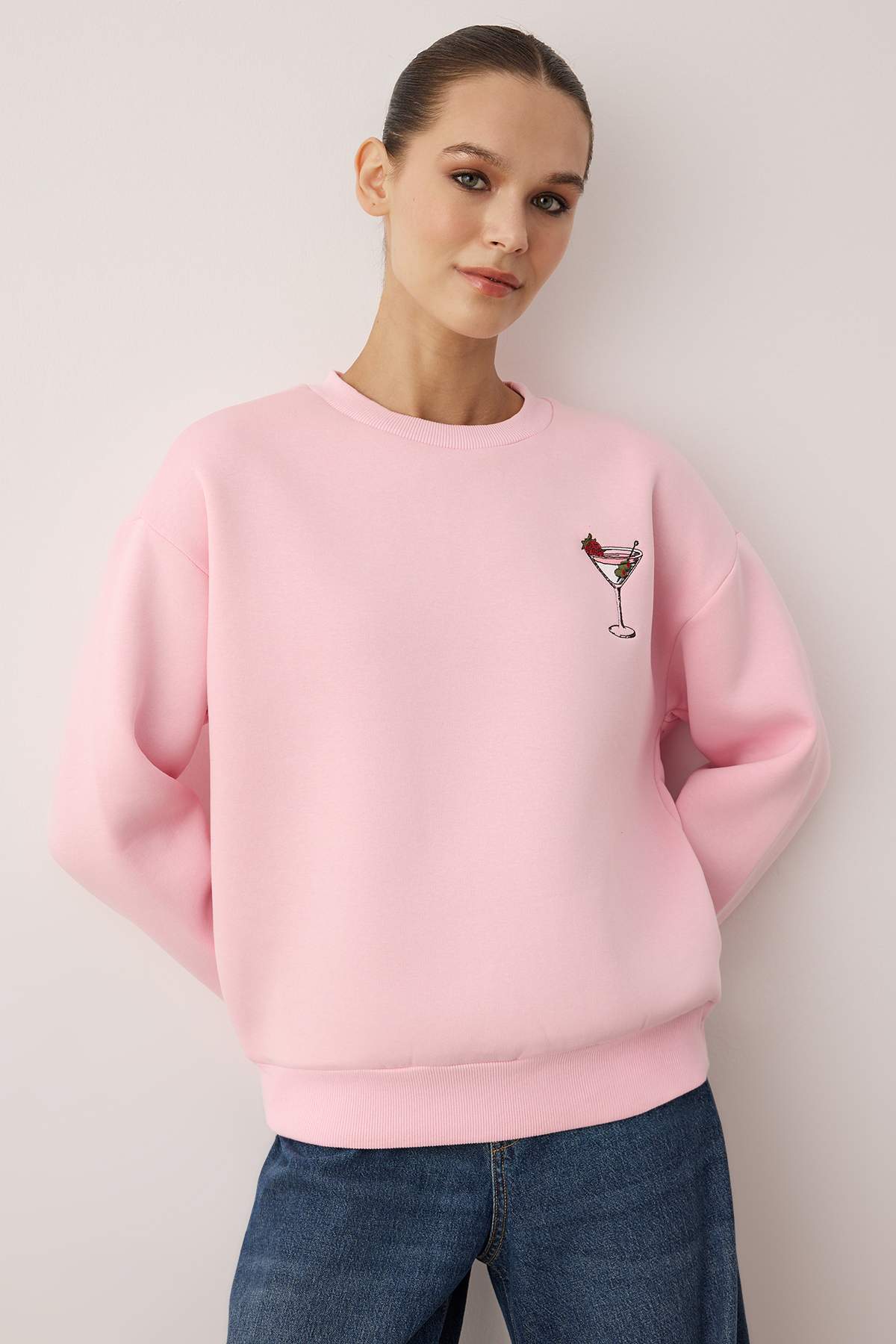Açık Pembe Animal Nakışlı Regular/Normal Kalıp Kalın İçi Polarlı Örme Sweatshirt TWOAW24SW00196 Secondary image