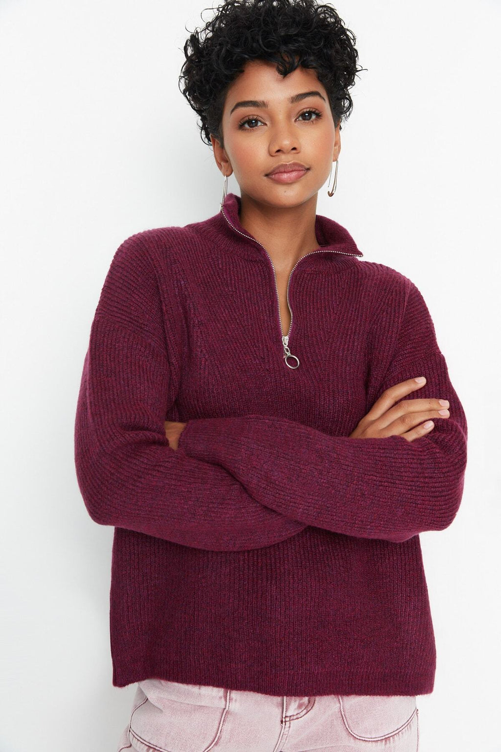 Açık Mor Yumuşak Dokulu Fermuarlı Triko Kazak TWOAW20XS0009