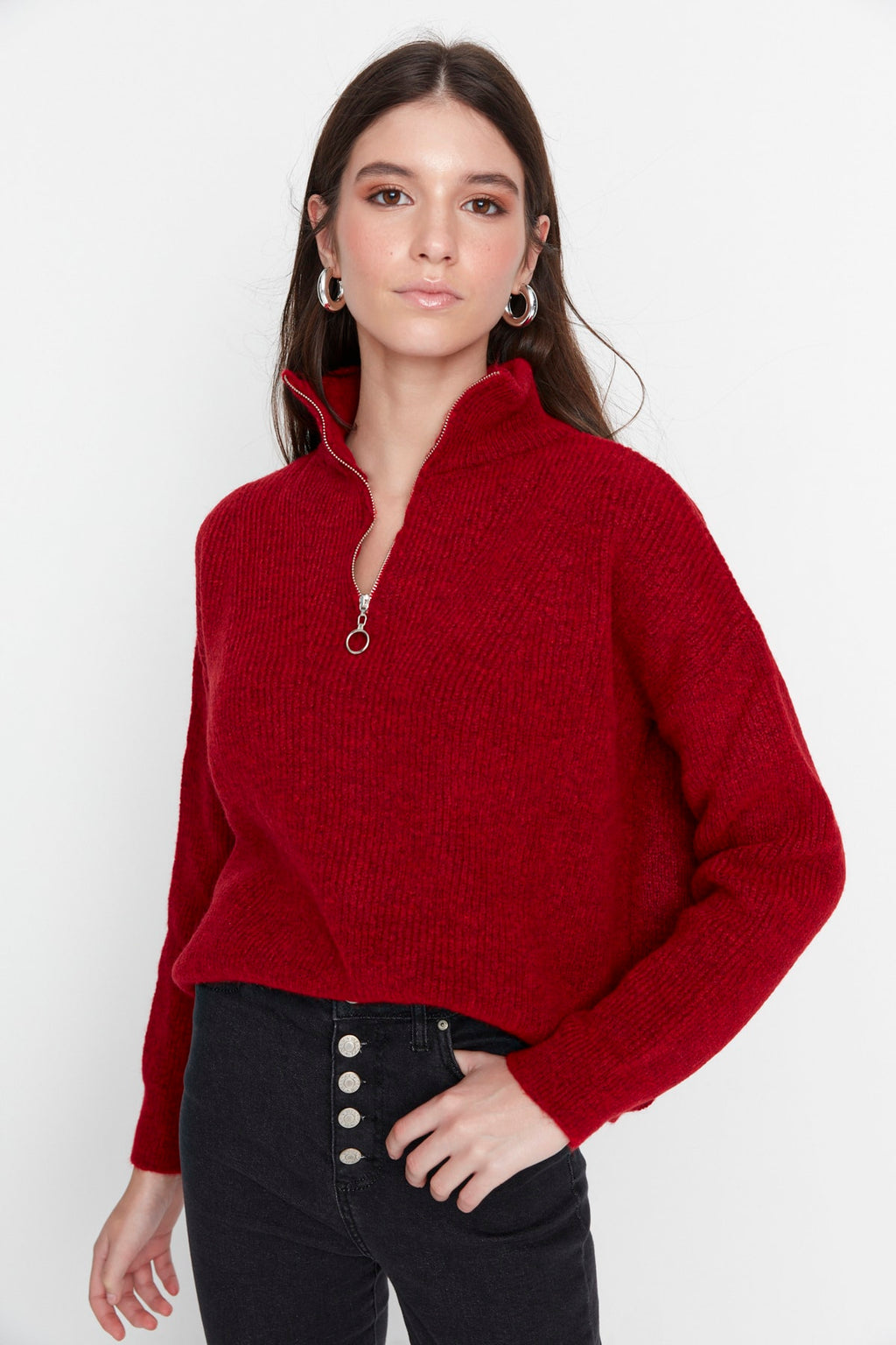 Kırmızı Yumuşak Dokulu Fermuarlı Triko Kazak TWOAW20XS0009