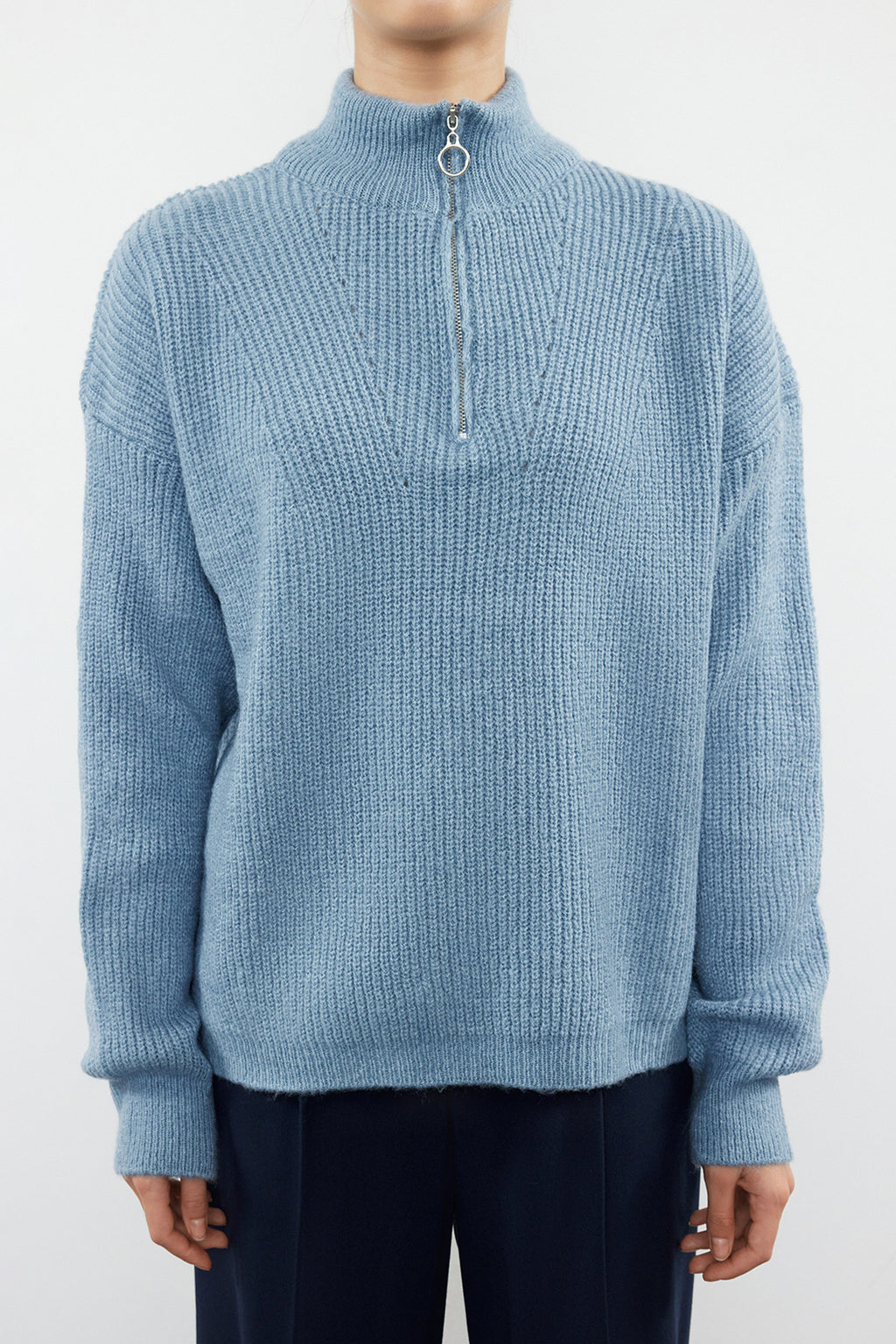 Koyu Mavi Yumuşak Dokulu Fermuarlı Triko Kazak TWOAW20XS0009