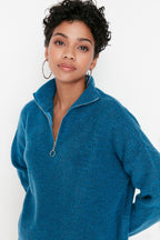 Mavi Yumuşak Dokulu Fermuarlı Triko Kazak TWOAW20XS0009