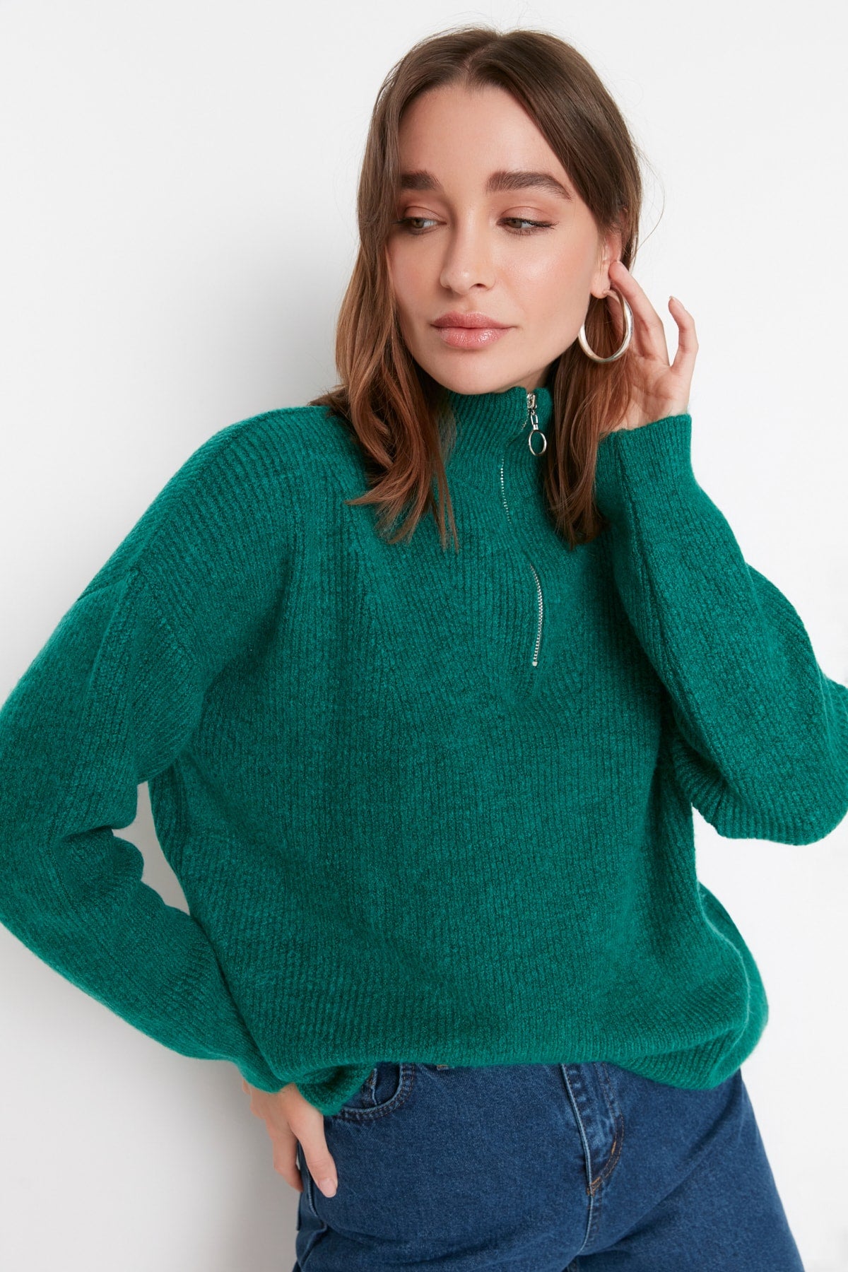 Yeşil Yumuşak Dokulu Fermuarlı Triko Kazak TWOAW20XS0009