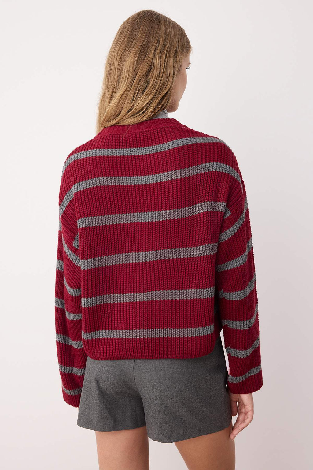 Bordo Crop Basic Geniş Kalıp Çizgili Triko Kazak TWOAW23KZ00390